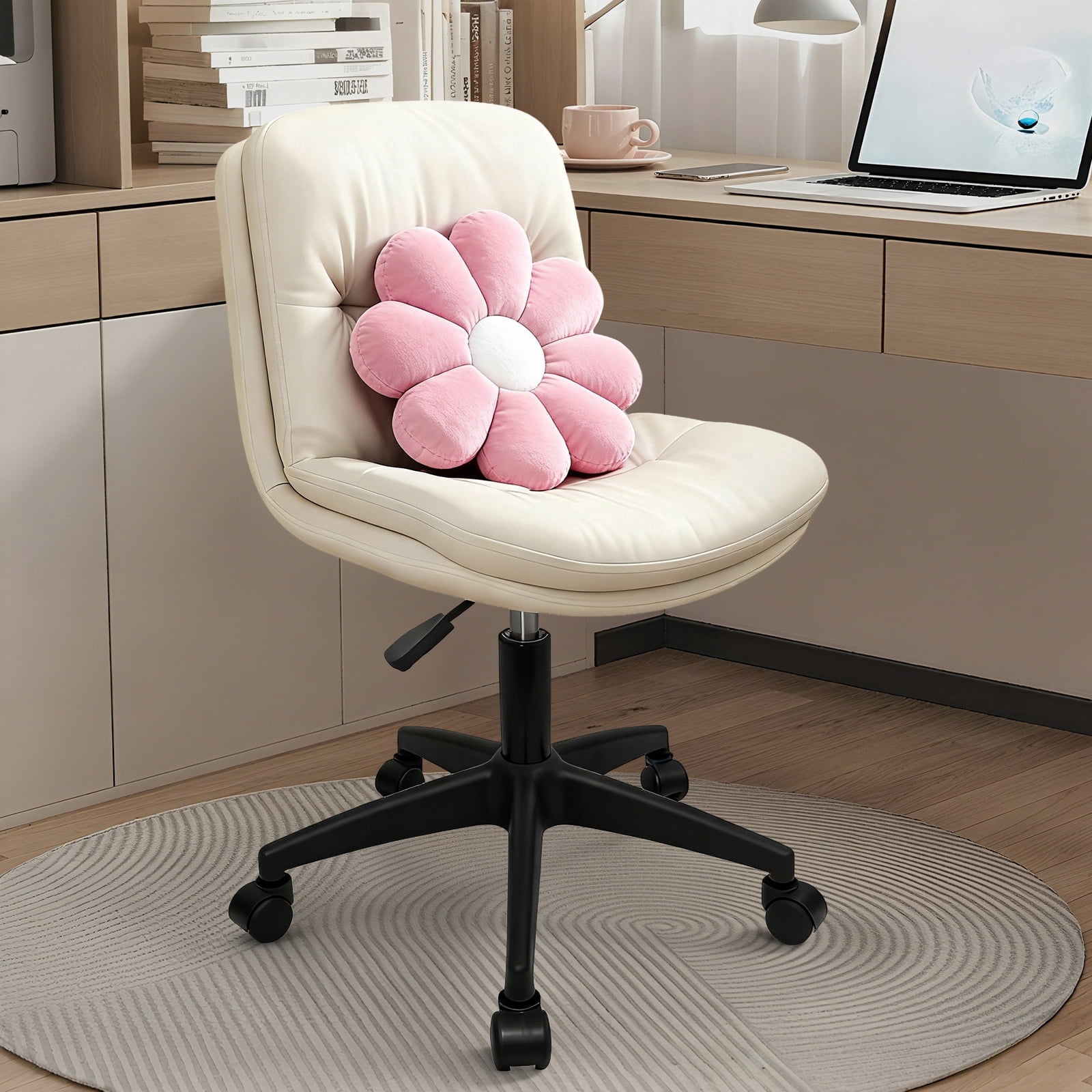 Small Office Desk Chair, PU Leather Armless Swivel Chair with Lumbar Pillow, Height Adjustable Task Chair for Small Spaces, Bedroom & Vanity Beige