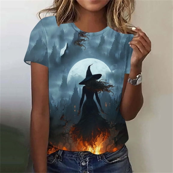 Halloween Shirts for Women Witch Castle Graphic Print Tops Casual Crewneck Short Sleeve Tees Fall Festival Holiday T-Shirts Flattering Daily Wear