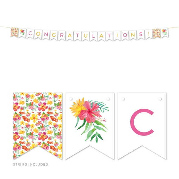 Tropical Floral Garden Party Wedding, Hanging Pennant Party Banner with String, Congratulations!
