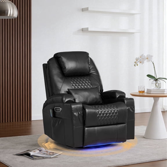 QJTC Power Rocker Recliner Chair with Heat and Massage, 240° Swivel Recliner Chair with Lumbar Pillow/Cup Holder/LED Lights/USB Ports, Black