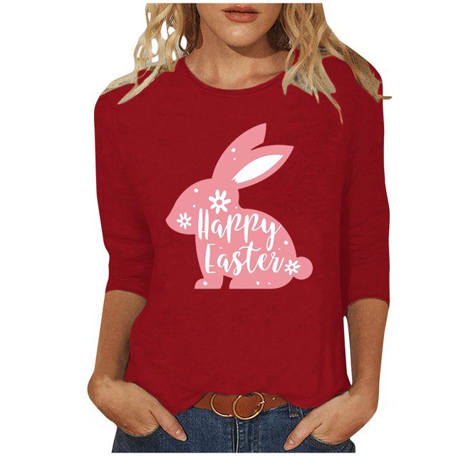 RKSTN Womens Tops Easter Cute Bunny Printed Loose Fit Tops Round Neck 3/4 Sleeve Spring Summer Soft Blouse Tops