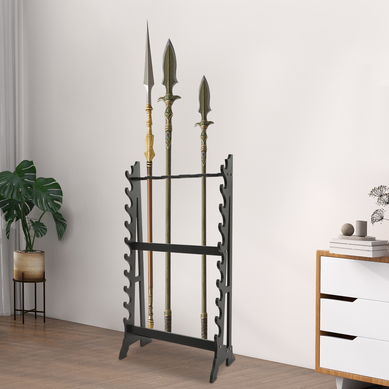 10-Layer Sword Stand, 5-Hole Katana Sword Display Rack, Black, Holds 10 Swords & Long Pole Weapons, 66lbs Capacity, for Home Dojo Weapon Storage & Decor