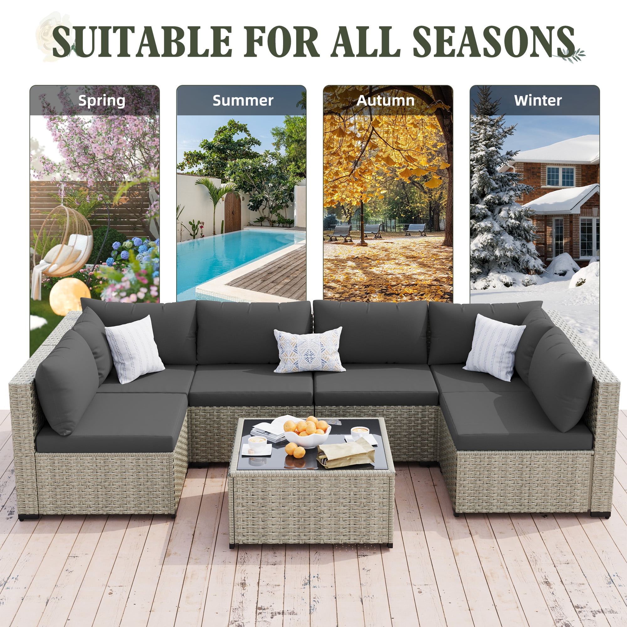 MRUAKA Outdoor Patio Furniture Set, 7-Piece Modular Sectional Sofa With Table, PE Wicker Outdoor Conversation Set for Patio, Garden,Gray