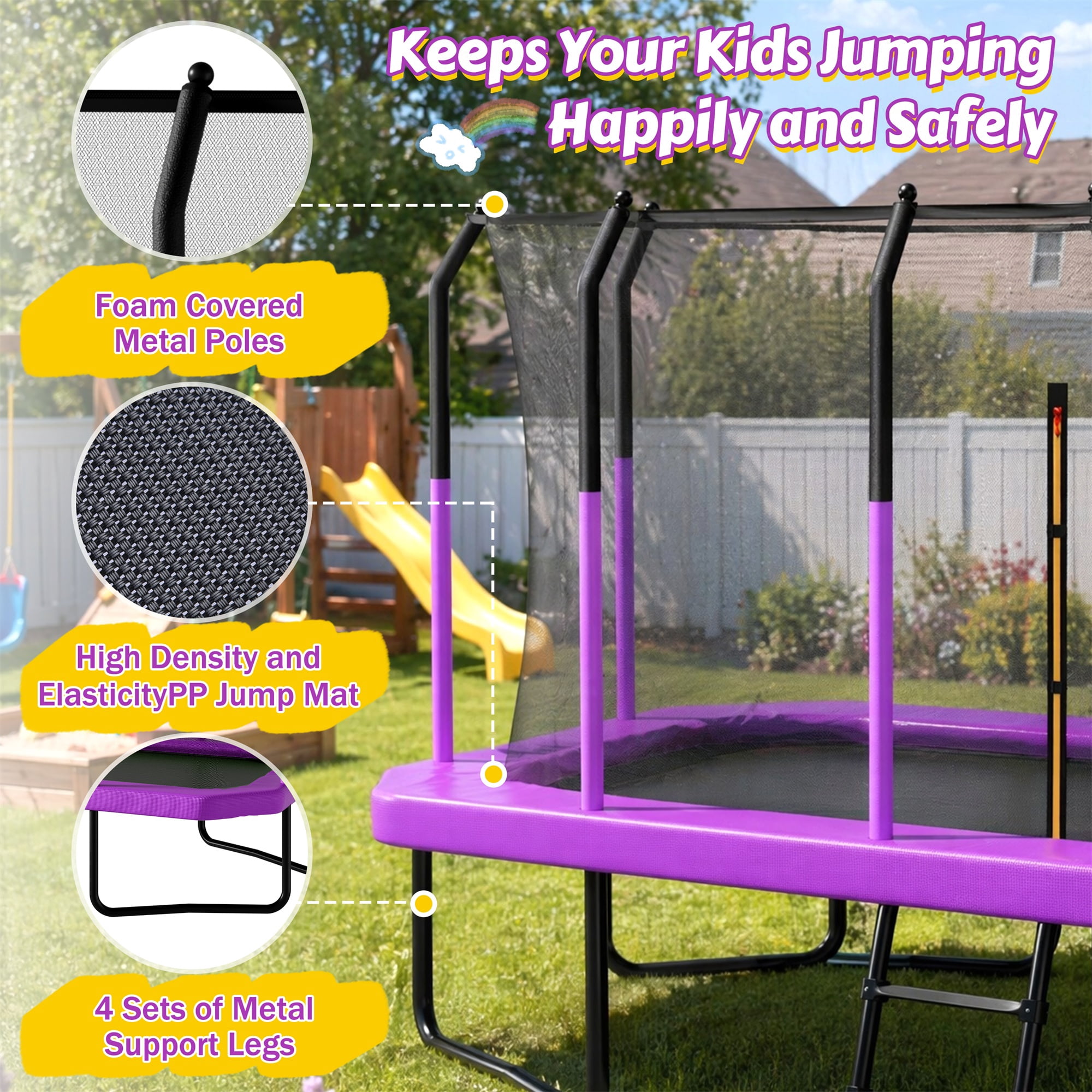 Alvantor 8x14 ft Rectangle Trampoline for Kids, Outdoor Trampolines with Enclosure Net for Gymnastics Purple