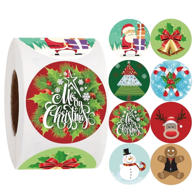 Etiquetas adhesivas navideñas en rollo de 1 pulgada, 8 diseños, etiquetas navideñas redondas, 500 sellos adhesivos decorativos navideños para sobres, tarjetas, sobres de regalo, cajas (1 pulgada)