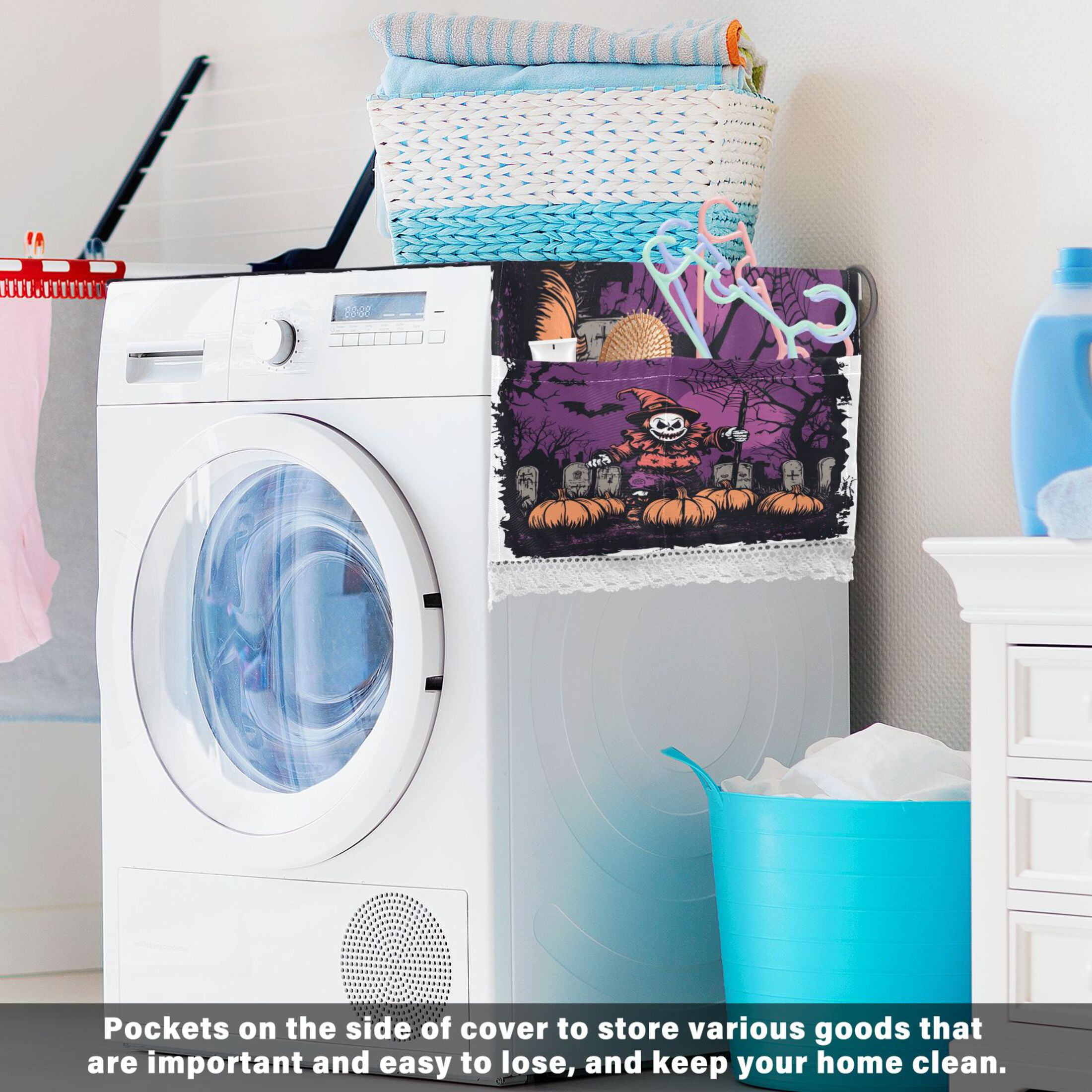 Halloween ClownWasher and Dryer Covers Dust-Proof and Oil Resistant Fridge Cover with 4 Storage Pockets Washing Machine Top Cover for Laundry Kitchen Home 51.2 x 22 In