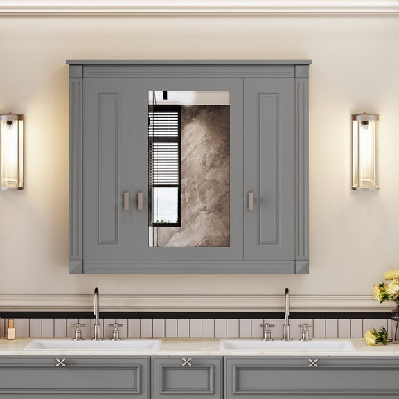 Euroco Bathroom Wall Cabinet with Mirror, Wall Mounted Medicine Cabinet with 4 Shelves, Mirrored Door Over Toilet Storage Cabinet