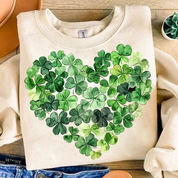 St. Patrick’s Day Shamrock Heart Sweater, Green Gold Clover Lucky Watercolor Sweatshirt