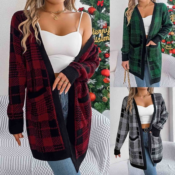 Women's Winter Oversize Plaid Red Casual Color Blocking Checkered Pocket Long Sleeved Cardigan Sweater Top L