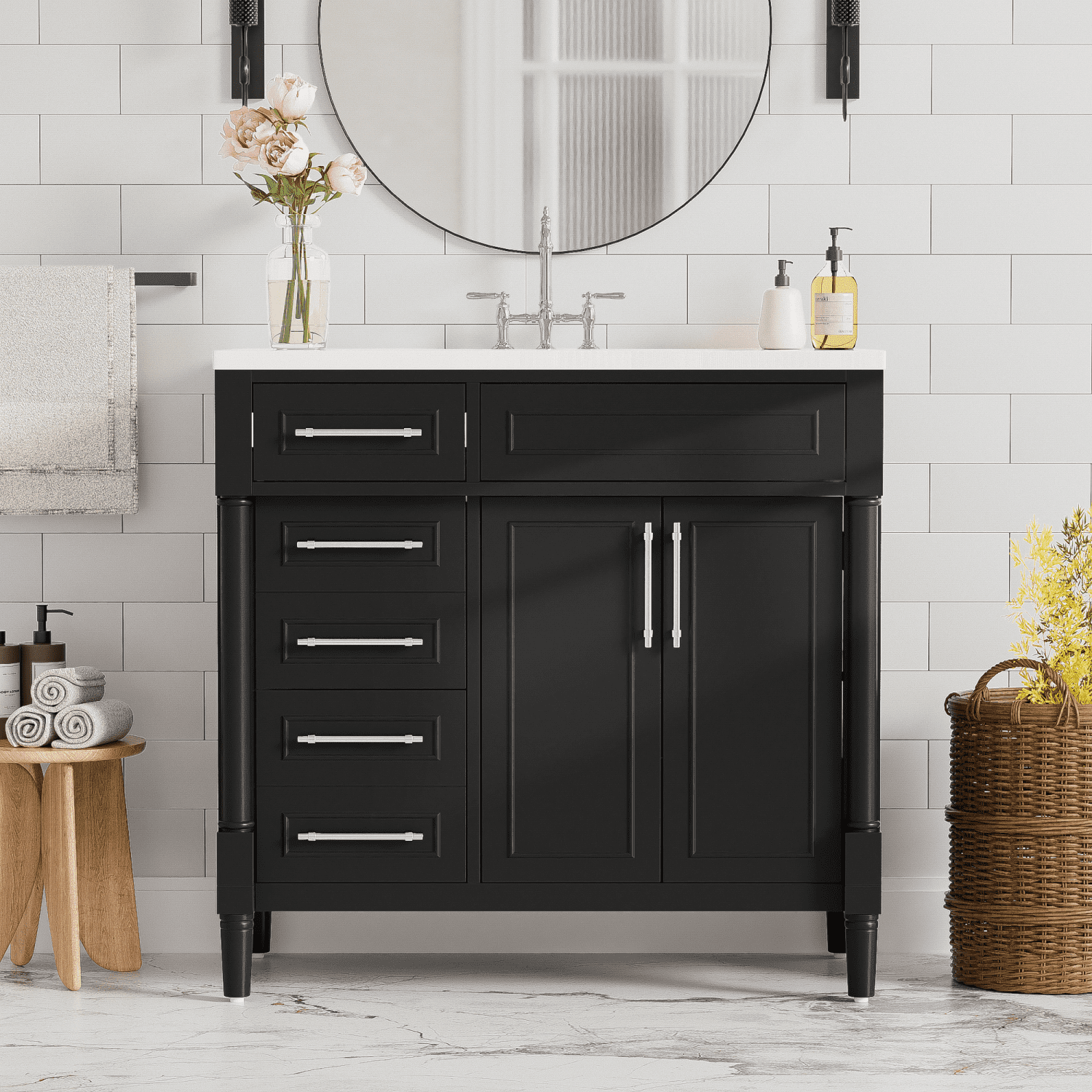 Harper & Bright Designs 36'' Bathroom Vanity with Top Resin Sink, Bathroom Storage Cabinet with 2 Drawers and Tip-out Drawer, Solid Wood Frame Vanity Set with Adjustable Shelf, Black