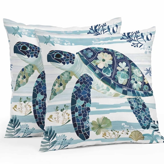 Waterproof Throw Pillow Covers Set of 2, 16x16 Inch Blue Teal Coastal Decorative Pillowcases Outdoor Pillow Slip Cushion Covers Set for Couch Tent Sea Turtle Summer Beach Starfish