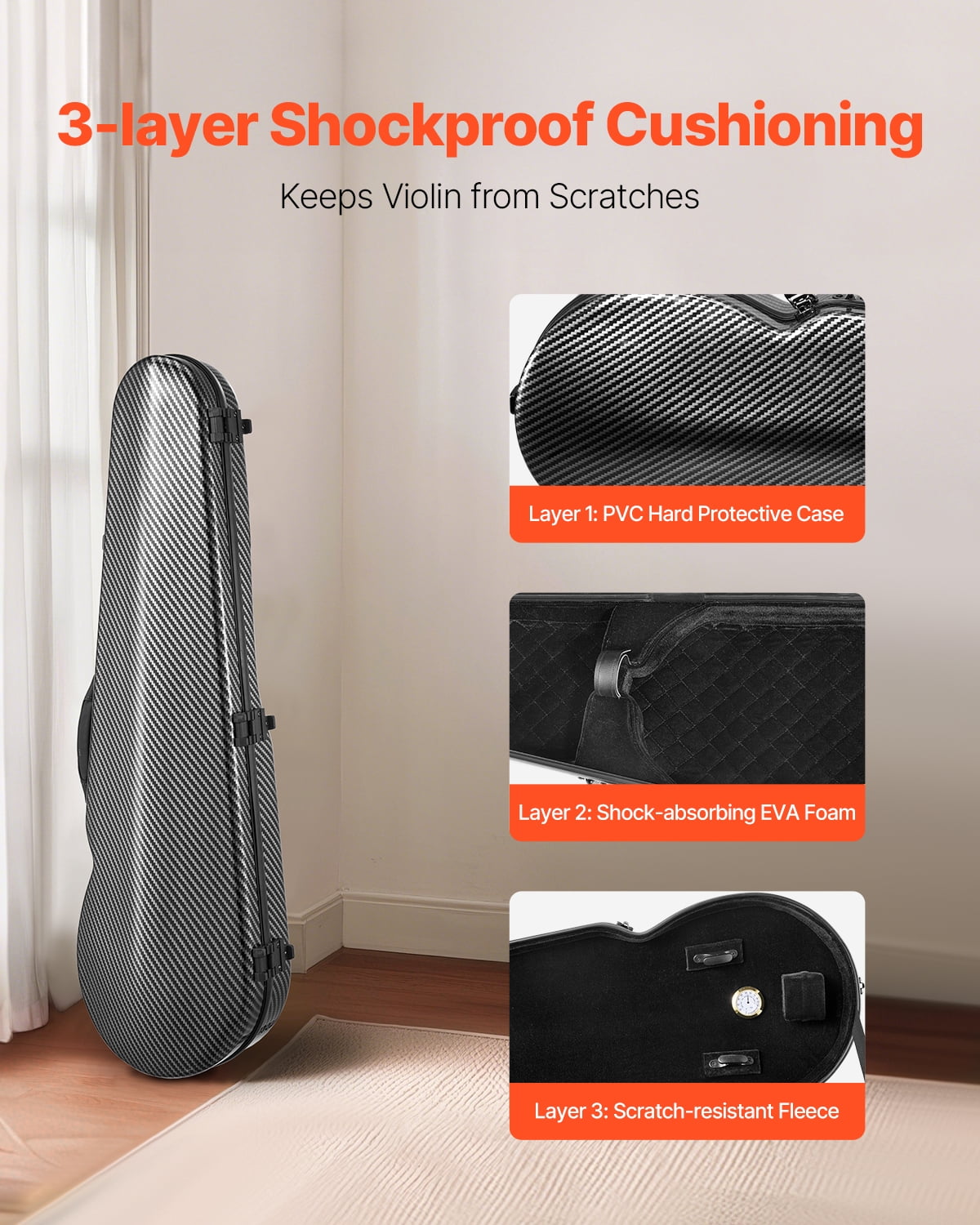VEVOR 4/4 Full Size Violin Case, Built-in Hygrometer, Lightweight Portable Travel Carrying Bag, with Plush Lining, Dual Shoulder Straps, Anti-Scratch, Professional Triangular Shape, for Violin