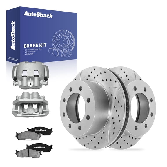 AutoShack Front Vented Drilled & Slotted Silver Zinc Coated Brake Rotors   Ceramic Pads   Calipers 8-PC Brake Kit Replacement for 2006-2008 Dodge Ram 1500 SilverShield Pro 13.91" (353.3 mm)