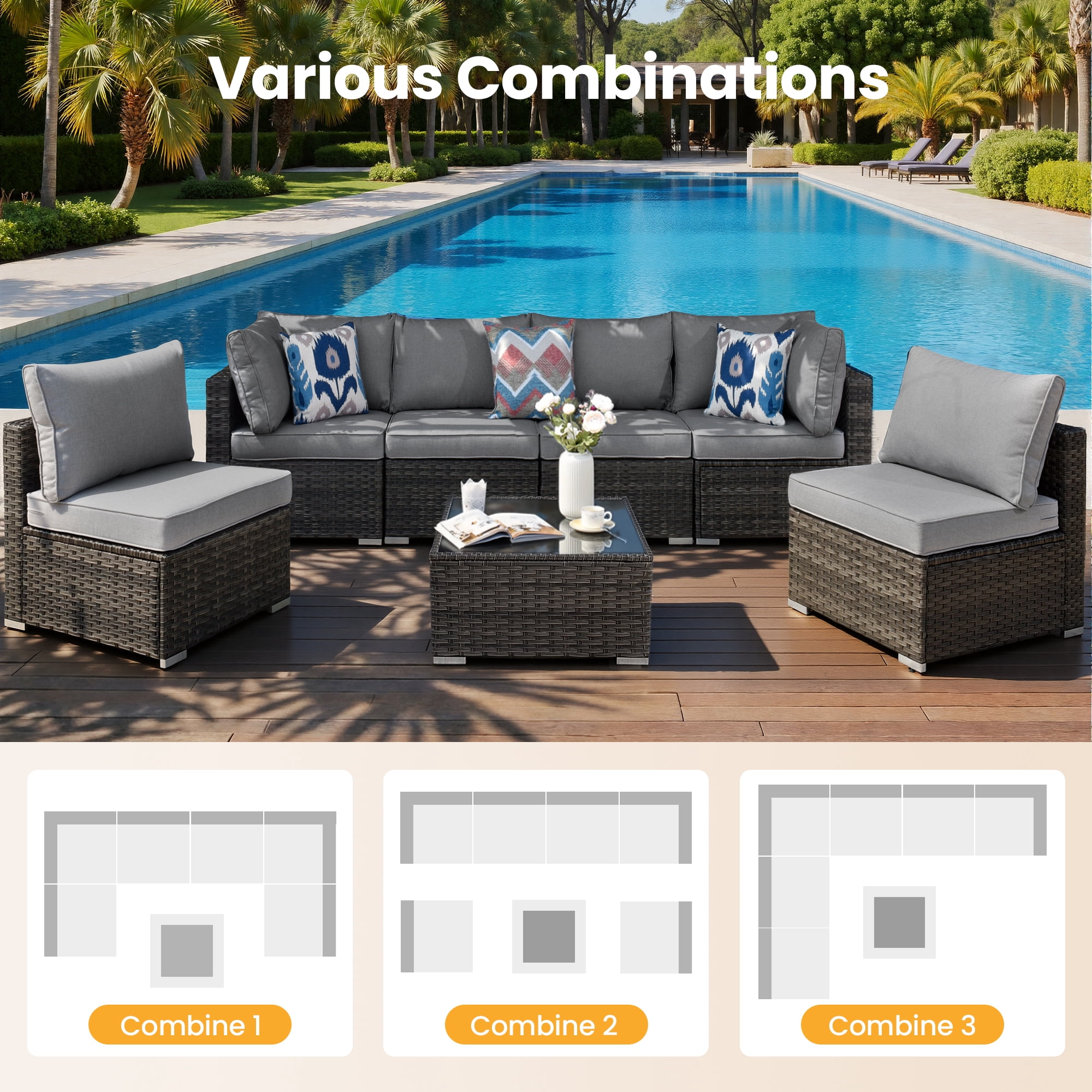 XIZZI 7-Piece Outdoor Sectional Furniture Sets, Patio Conversation Set with Cushions and Coffee Table, All-Weather Patio sets for Backyard, Garden,Dark Gray