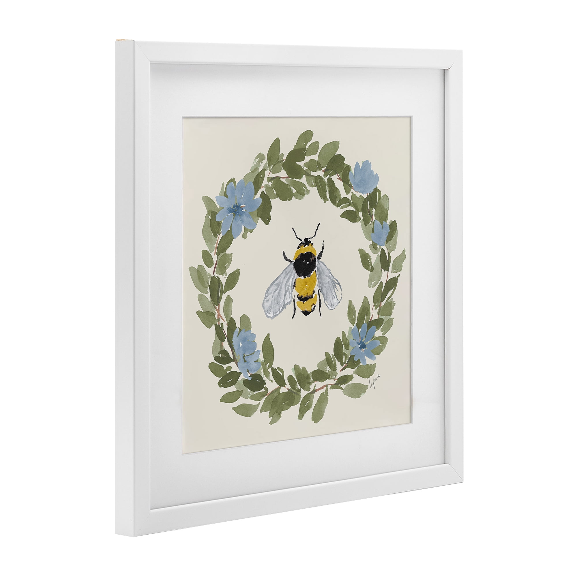 Stupell Industries Floral Wreath Bee Celebration White Framed Print Under Glass, design by Lucille Price