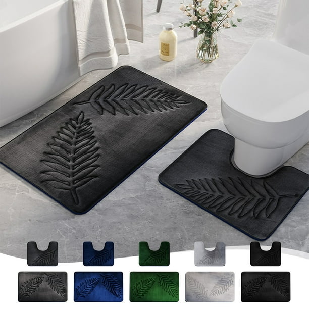 Juego de Felpudos con Diseño de Hojas: Felpudo Antideslizante y Absorbente de Agua para Baño y Aseo. 2 Felpudos de Poliéster para Salón, Dormitorio y Puerta de Cocina (Verde/Gris/Gris Oscuro/Azul Mar