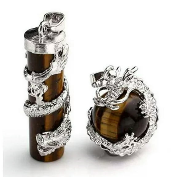 HOOUN 5sets Amethyst Stone Dragon Wrapped Ball Cylinder Gems Healing Crystal Pendants-Tiger Eye