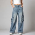 thumbnail image 5 of Women's Cargo Wide Leg Jeans with Pockets High Waist Button Closure Baggy Denim Pants Y2K Casual Vintage Washed Jeans Fashion Bottoms Light Blue, 5 of 6