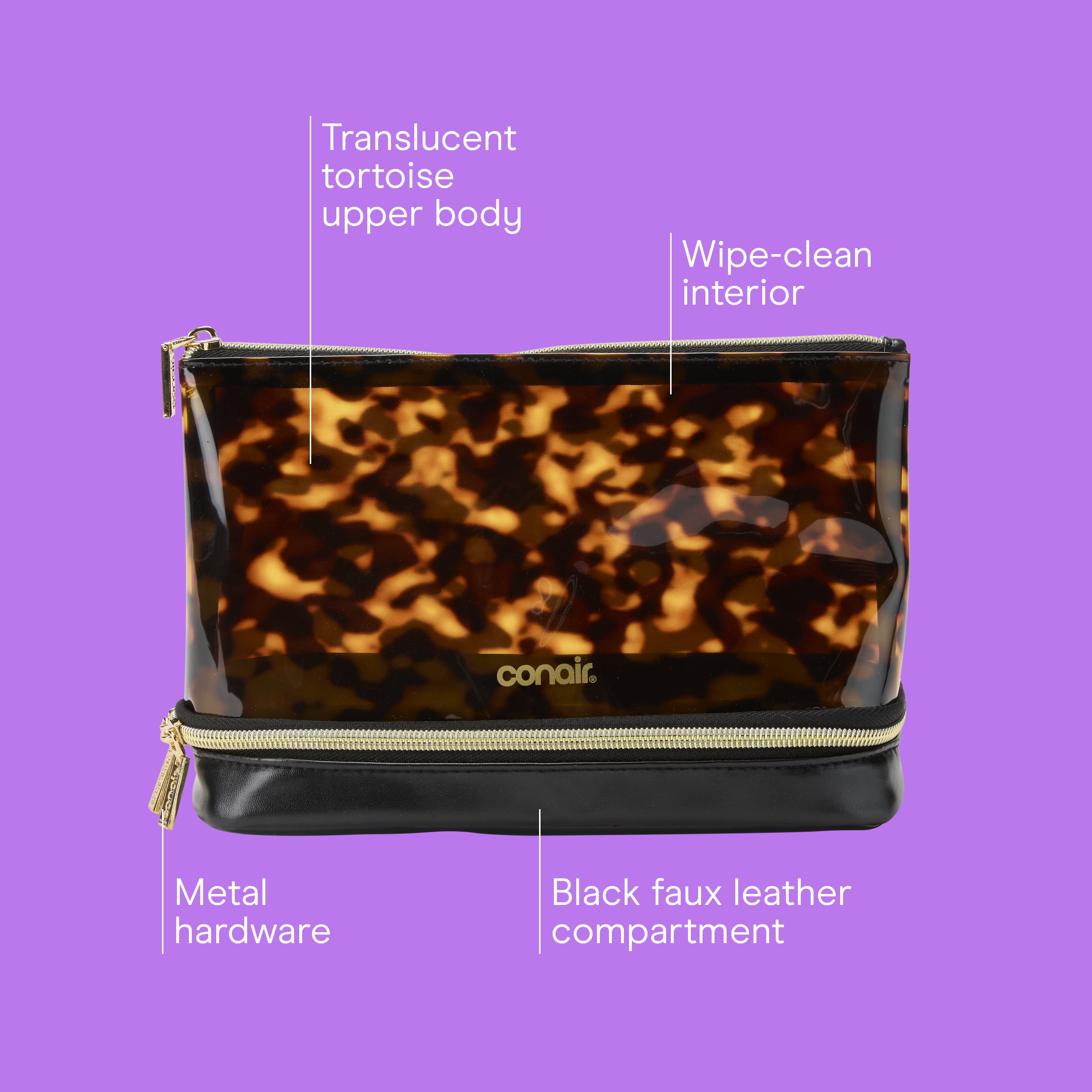 Conair PVC Tortoise Clutch, Travel-Ready Beauty Organizer with 2-Tone Design, 1 Count