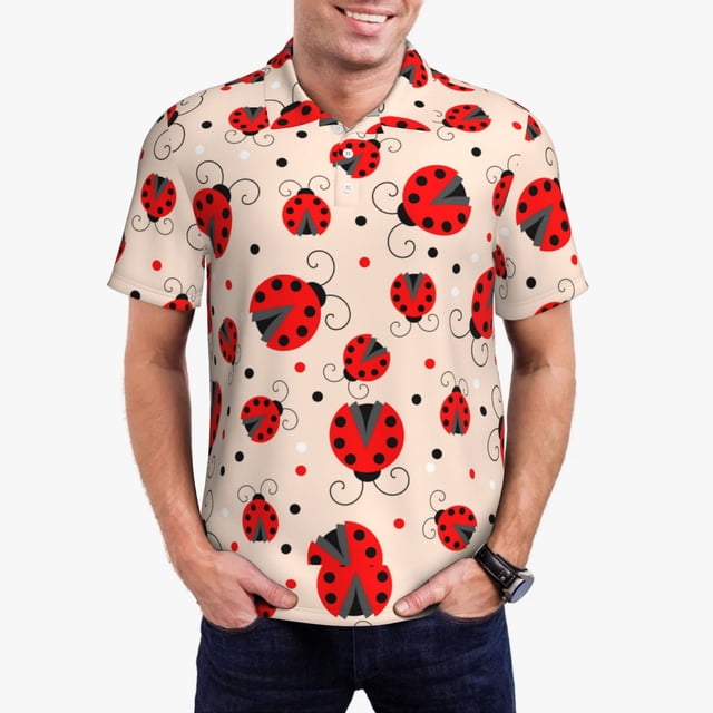 Fotbe Red Ladybug Camiseta Polo de Golf para Hombre con Estampado – Camisa Deportiva Transpirable con Cuello Abotonado-Medium