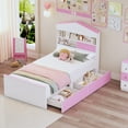 thumbnail image 2 of Solid and Stable Twin Size House-Shaped Wooden Bed with Storage Shelf On The Headboard, Built-In Two Storage Drawers (Pink), 2 of 12