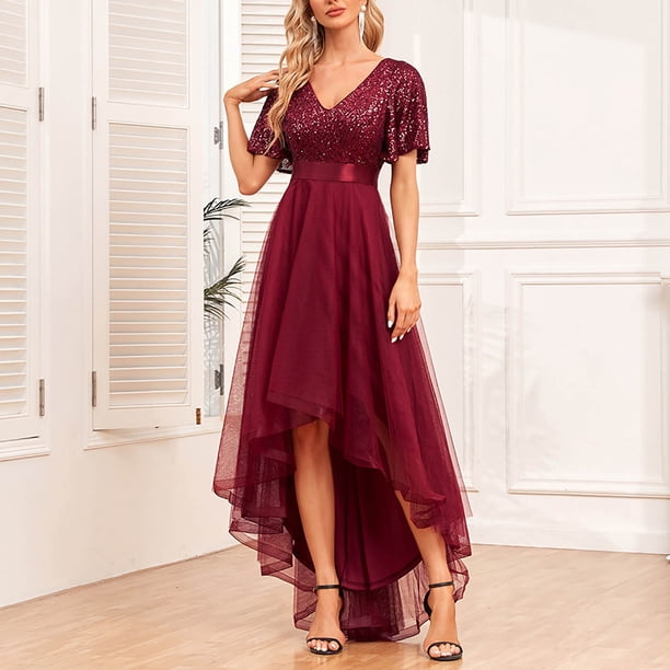 Elegant Women's Ruffled Sheer Patchwork Evening Dress with Sequin Detailing  for Wedding Guest Cocktail Party Long Sleeve Polyester Spandex Zipper  Closure