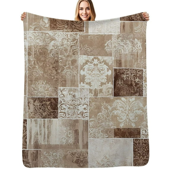 Beige damask patchwork design Flannel Blanket Warm Soft Bedding Throws Winter Camping Chair Sofa Bed