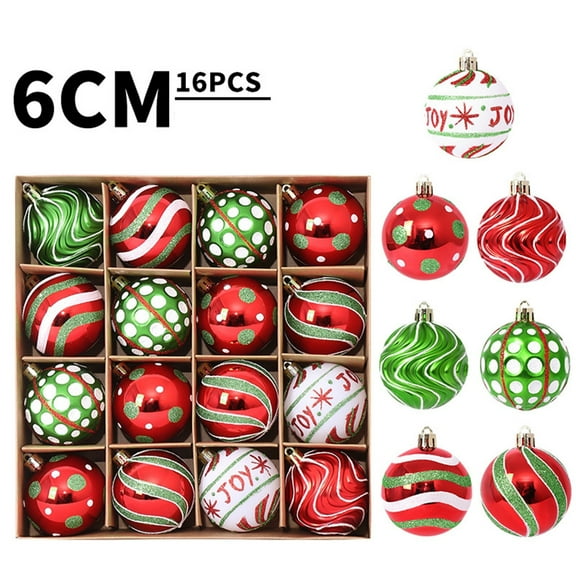 16 Pcs Christmas Tree Ball Ornaments, Christmas Decorations 2.36 inch Red and Green Glitter Hand-Painted Decorative Ball Pendants, 7 Style Christmas Tree Hanging Baubles for Xmas Holiday Party