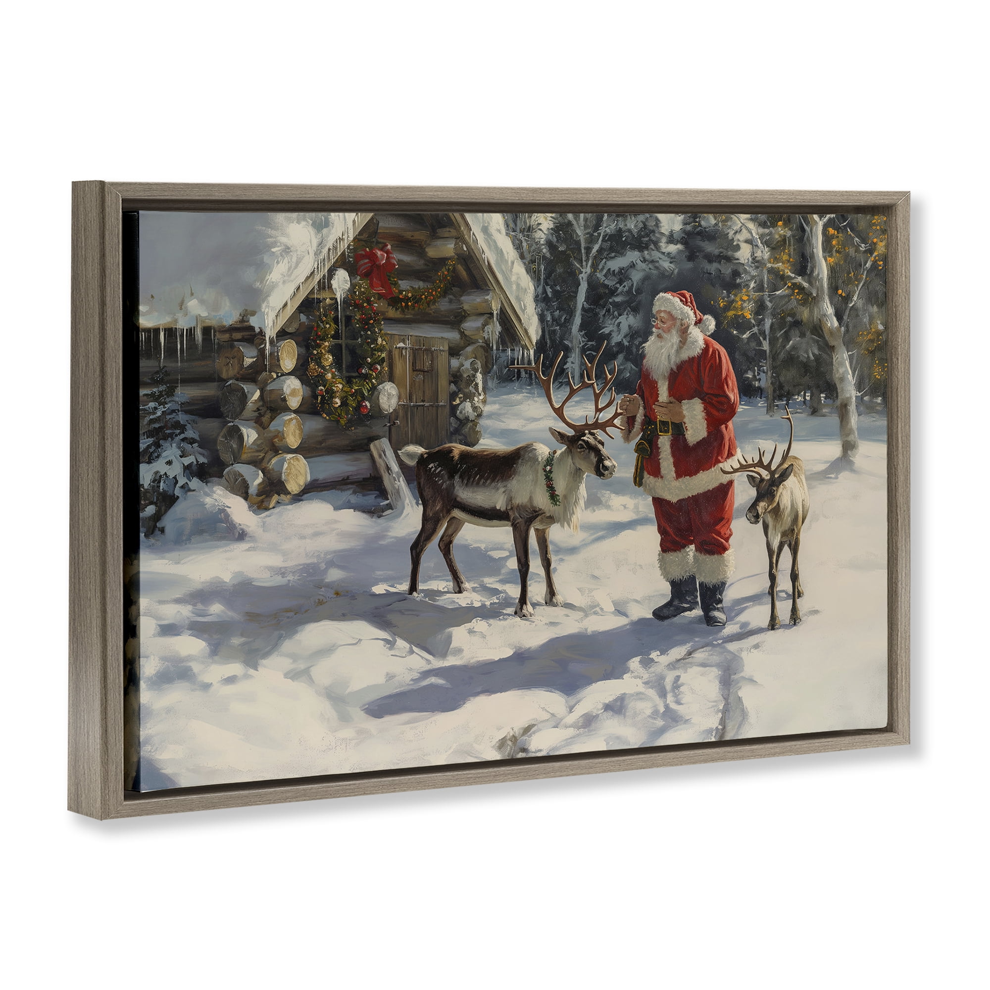 Stupell Industries Santa & Reindeer Scene Holiday Painting Brown Floater Framed Canvas Art Prints Wall Art, 25 x 17