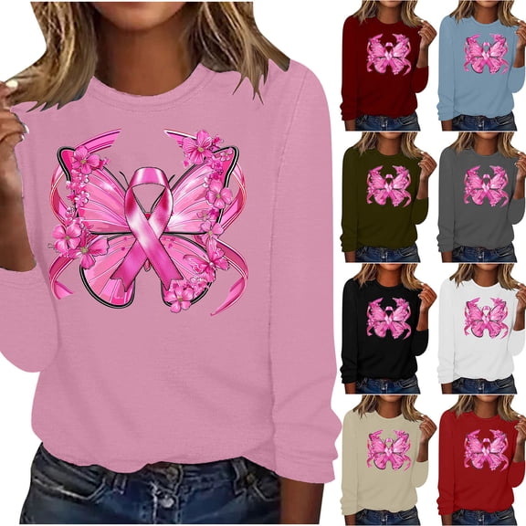 VKOYWKM Breast Cancer Survivor T-Shirts Women Long Sleeve T-Shirt Pink Ribbon Print Breast Cancer Tops Crew Neck Loose Breast Cancer Awareness Sweatshirt