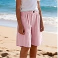 thumbnail image 7 of OGLCCG Girls Striped Bermuda Shorts Cotton Linen Knee Length Wide Leg Shorts with Pockets Casual Elastic Waist Summer Beach Shorts 4-14 Years, 7 of 7
