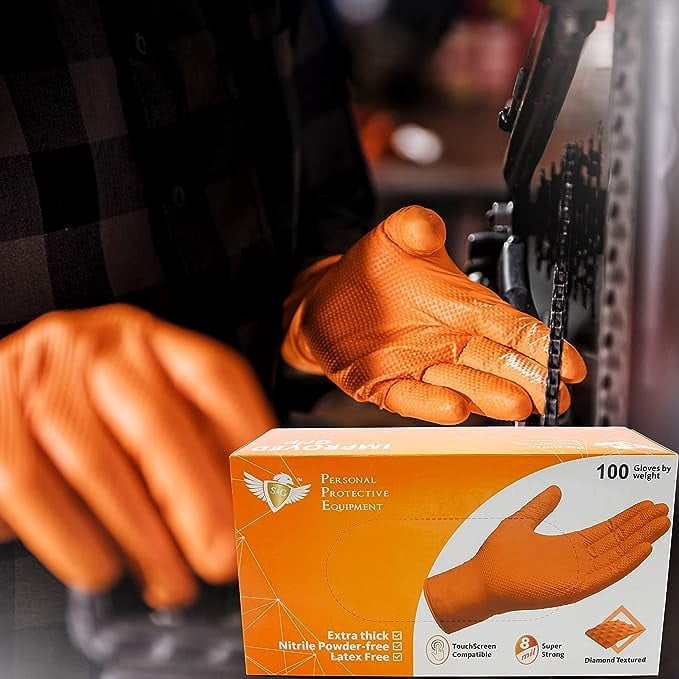 S&G Orange Nitrile Gloves Disposable Latex-Free 8Mil Thick Heavy Duty Powder-Free for Mechanics, Industrial |1000 Pcs | XL