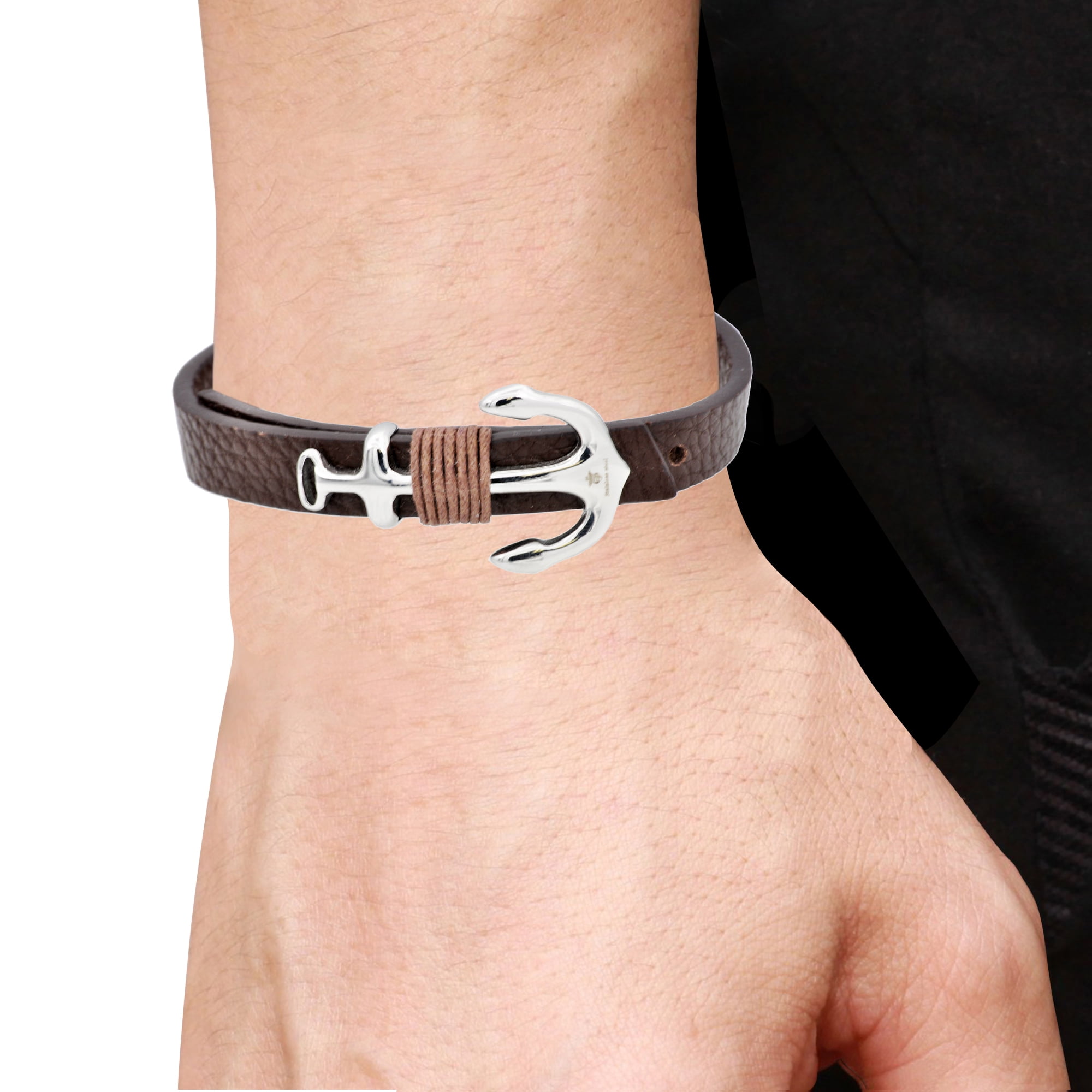 Arista Men's Anchor Bracelet with Adjustable Strap Brown Leather Stainless Steel, 8.5"