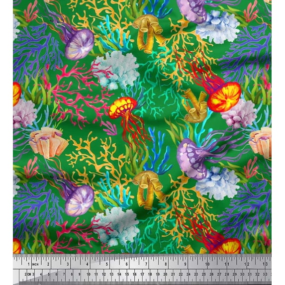 Soimoi Viscose Chiffon Fabric Coral & Jellyfish Ocean Print Fabric by The Yard 42 Inch Wide