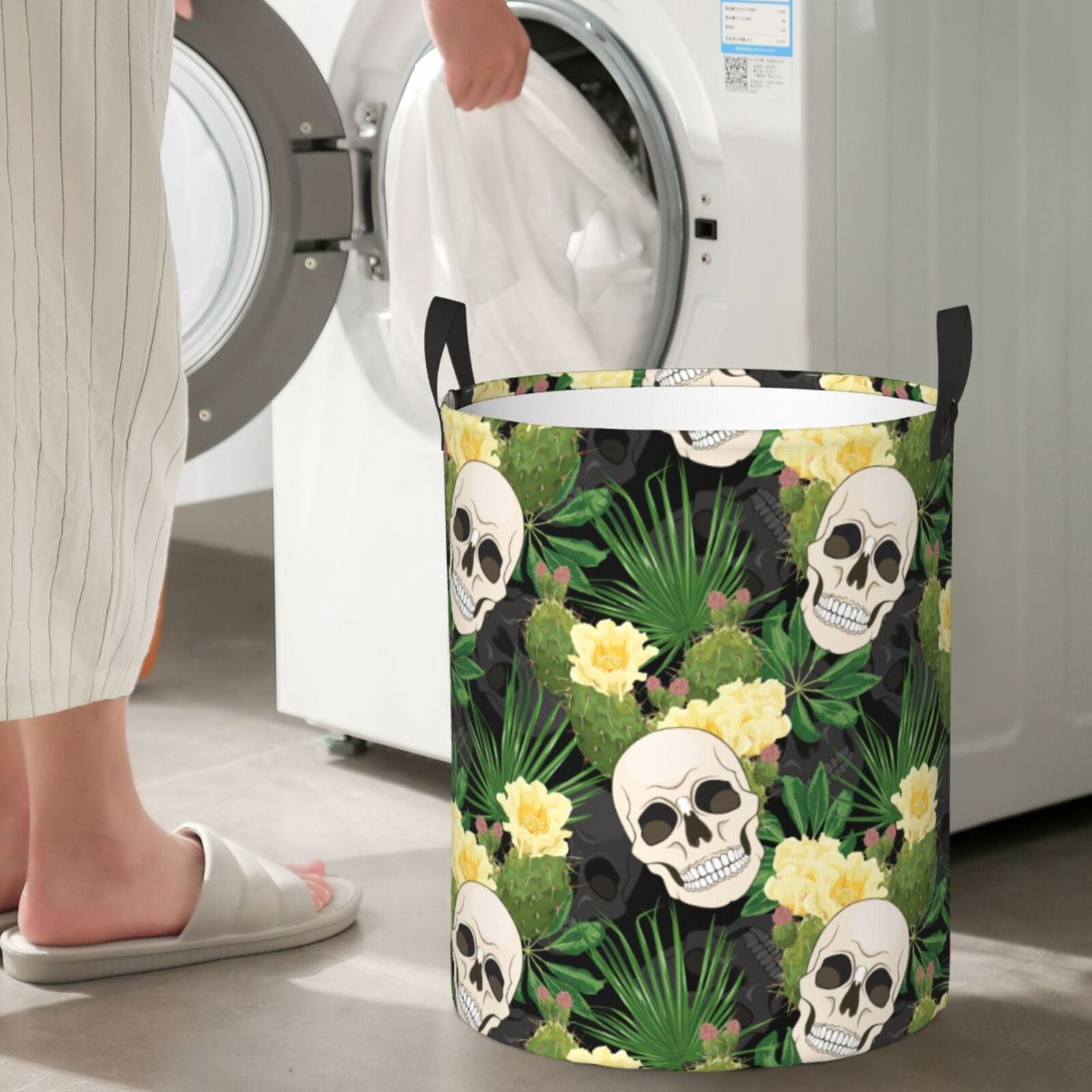 Large Laundry Basket with Handles - skull Cactus blooming Kids Baby Dirty Clothes Laundry Hamper for Bedroom Aesthetic