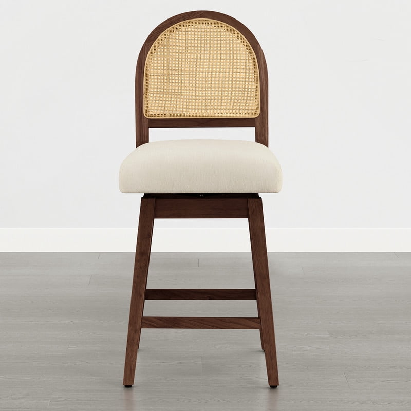 Spruce & Spring 25" Counter Height Swivel Bar Stools Set of 2 with Handmade Rattan Back and Upholstered Seats for Kitchen Island, Walnut