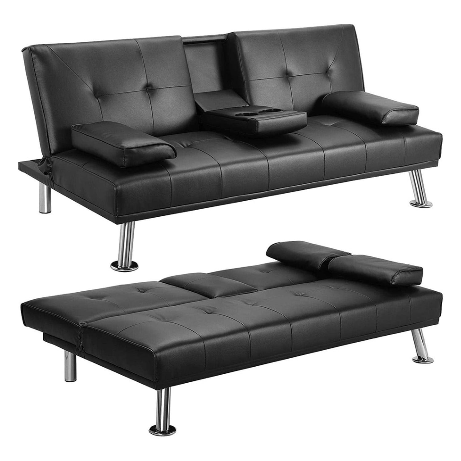 Kadyn 66" Futon Sofa Bed, Modern Faux Leather Convertible Folding Lounge Sofa for Living Room with 2 Cup Holders Removable Soft Armrests and Sturdy Metal Legs, Charming Black