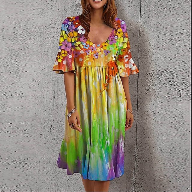 SMihono Robe d'Été Grande Taille pour Femmes 2023 Mode Femmes Rétro Fleurs Brisées Volants Manches Courtes Confortable Robe Décontractée