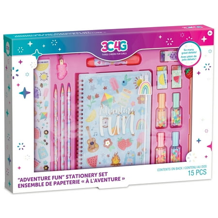 Three Cheers For Girls: Adventure Fun: 15 Piece Stationery Set - Fun-To-Shake Highlighters Shaped Like Nail Polish Bottles, Precious Extendable Eraser Pen, Adorable Stickers, Tween & Girls, Ages 8+