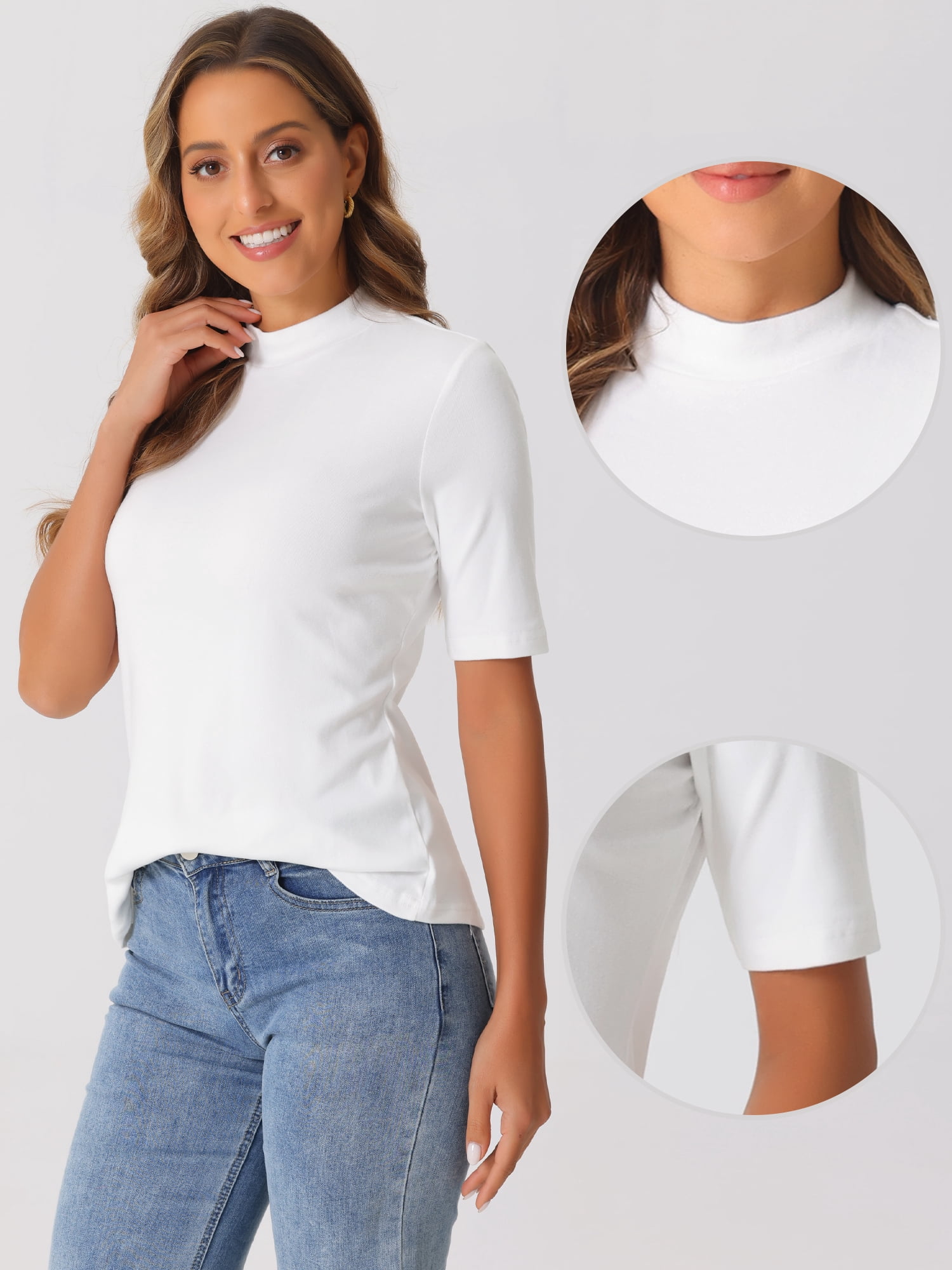 DARING DIVA Women's Half Sleeve Mock Turtleneck Casual Top M White