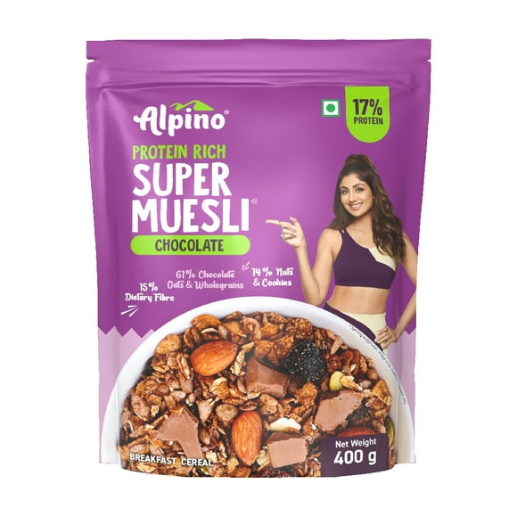 Alpino Protein-Rich Super Muesli Chocolate 400g | Crunchy | 61% Whole Grain | 14% Nuts & Cookies | 17% Protein | High Fibre | Shelf Stable | Resealable Pouch