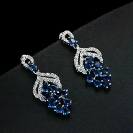 1.80 Ct Pear Cut Cubic Zirconia Blue Sapphire Drop Dangle Earrings in 14K White Gold Plated Sterling Silver – Elegant Women s Jewelry