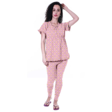 

Moomaya Womens PrintedNightwearSet Pyjama Cotton Jersey Sleepwear 2 Pcs Nightdresses