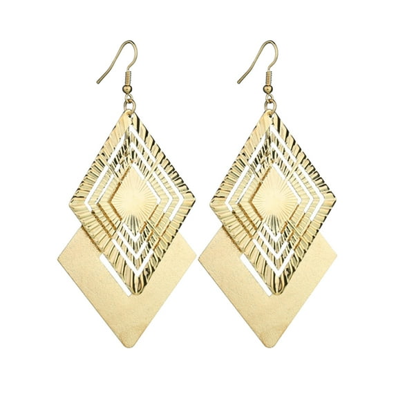 Grandest Birch Matte Hollow Double Layer Jewelry Rhombus Long Dangle Hook Earrings Alloy Gold