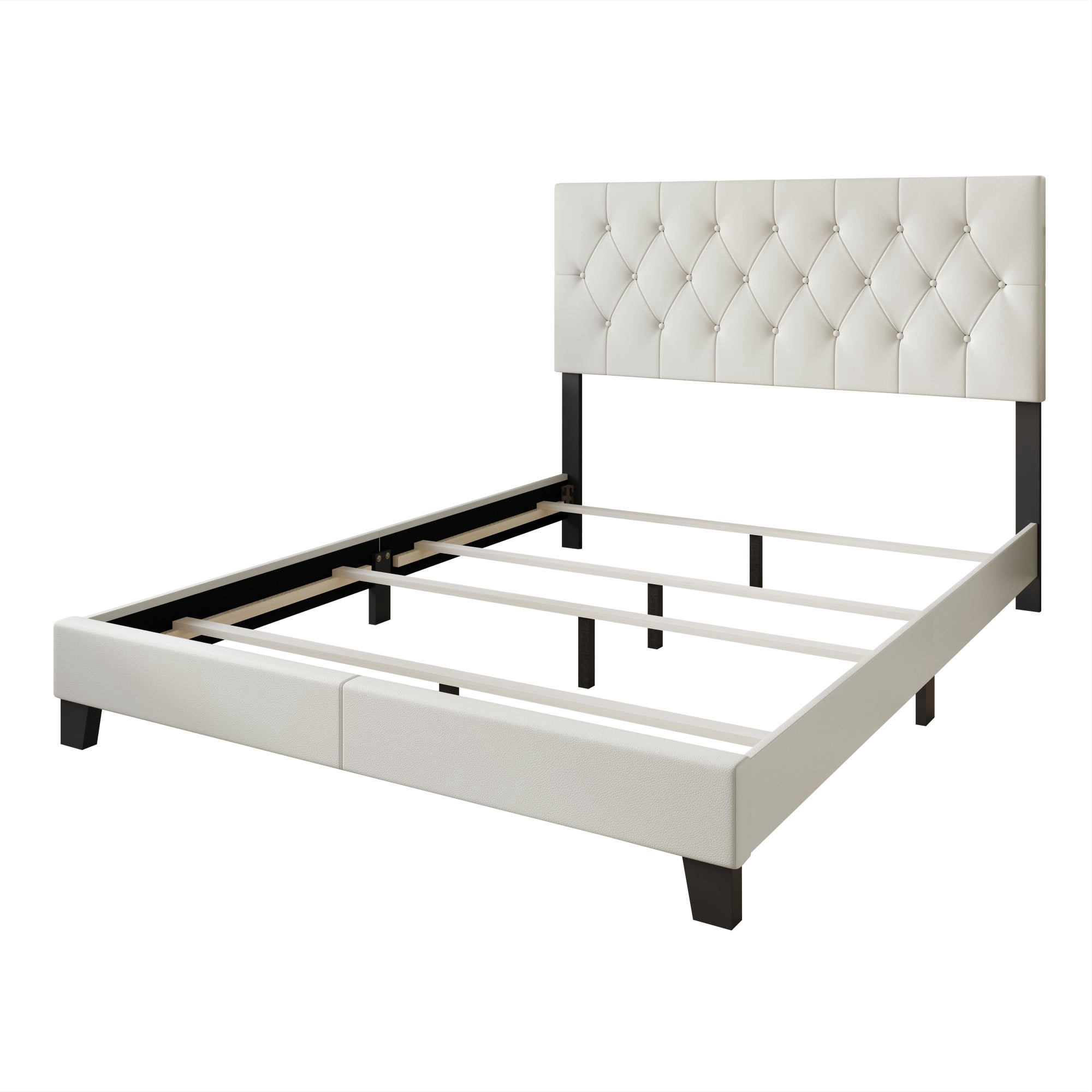 Home Design Boone Queen Tufted Upholstered Panel Bed with Faux Leather and Padded Headboard, White, Easy Assembly