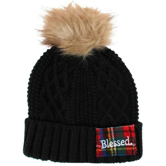 David & Young Blessed Plaid Patch Knit Winter Beanie with Pom (Women)