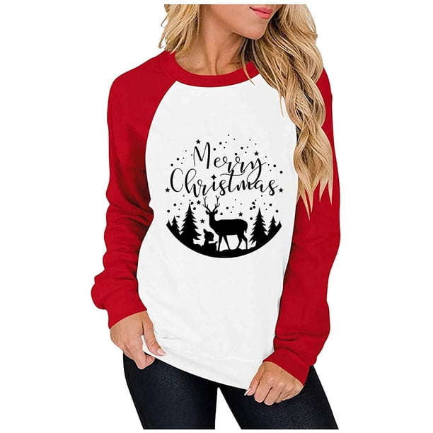 Tops de mujer Moda Árbol de Navidad Impreso Manga larga Sudadera Costura Blusa Camisa Pompotops gfhjh10759