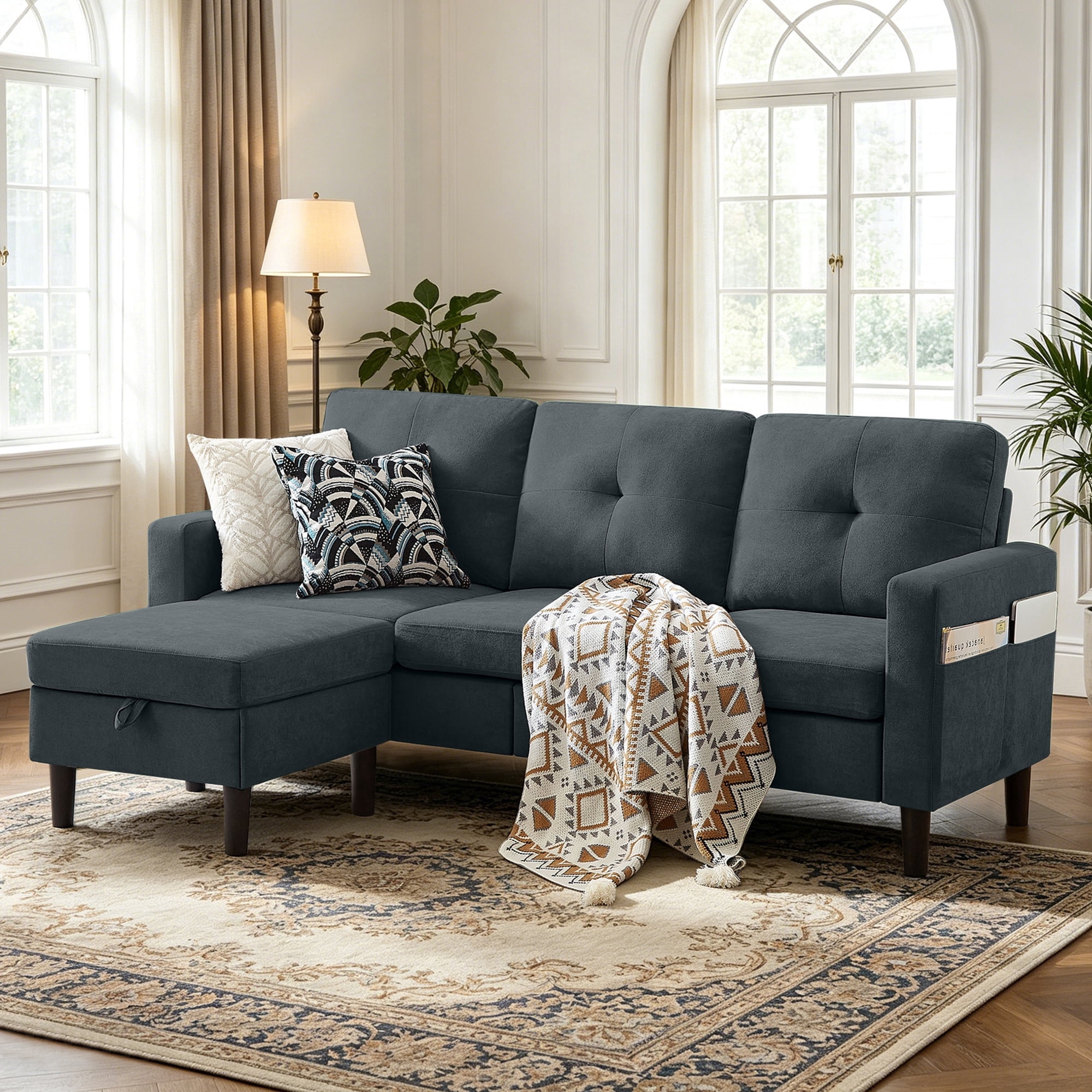 Tornama Linen Small L Shaped 3-Seat Convertible Sectional Sofa, Dark Gray