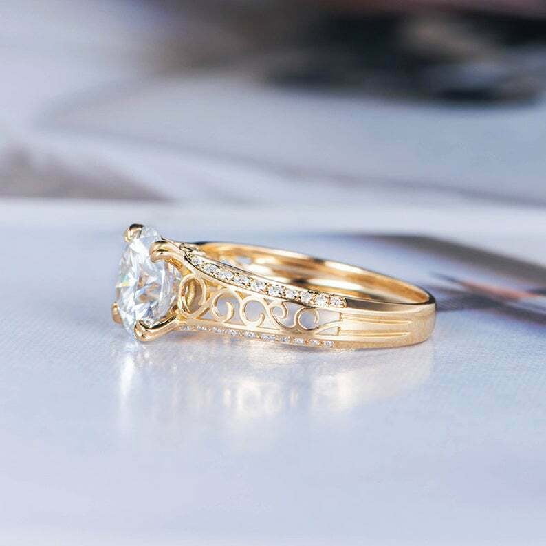 HeartsAndYou 1.5ct Round Cut Moissanite Engagement Ring for Women Filigree Solitaire 18k Yellow Gold over Silver
