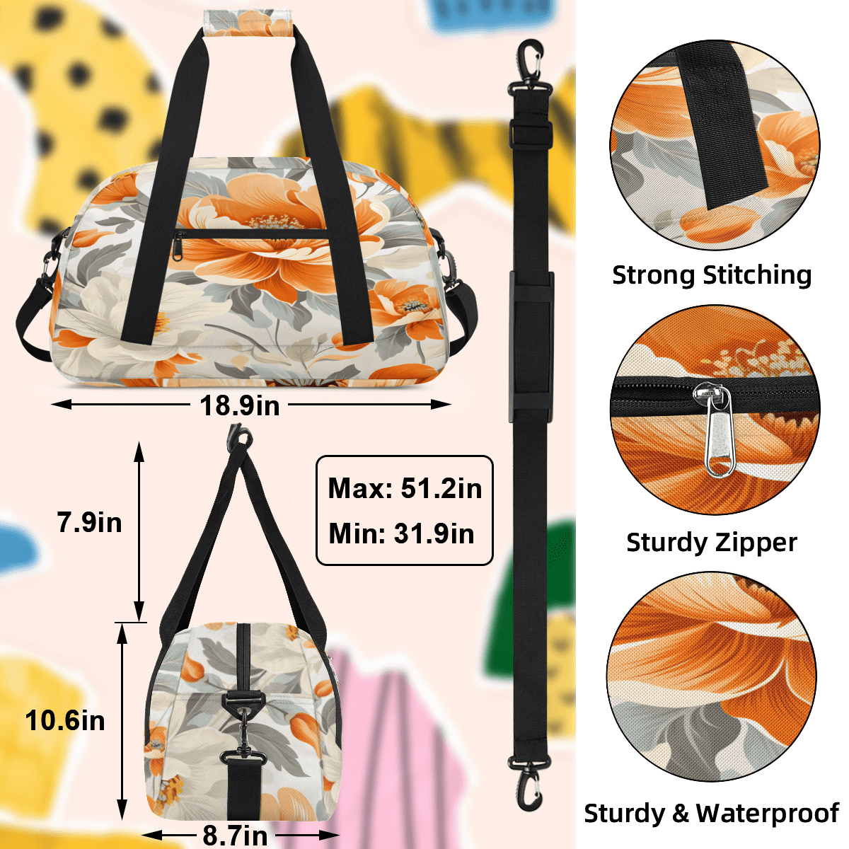 Herdesigns Floral Sports Duffle Bag for Women & Men, Orange White Flowers Gym Bag Dance Bag Overnight Bag Carry On Weekender Travel Bag